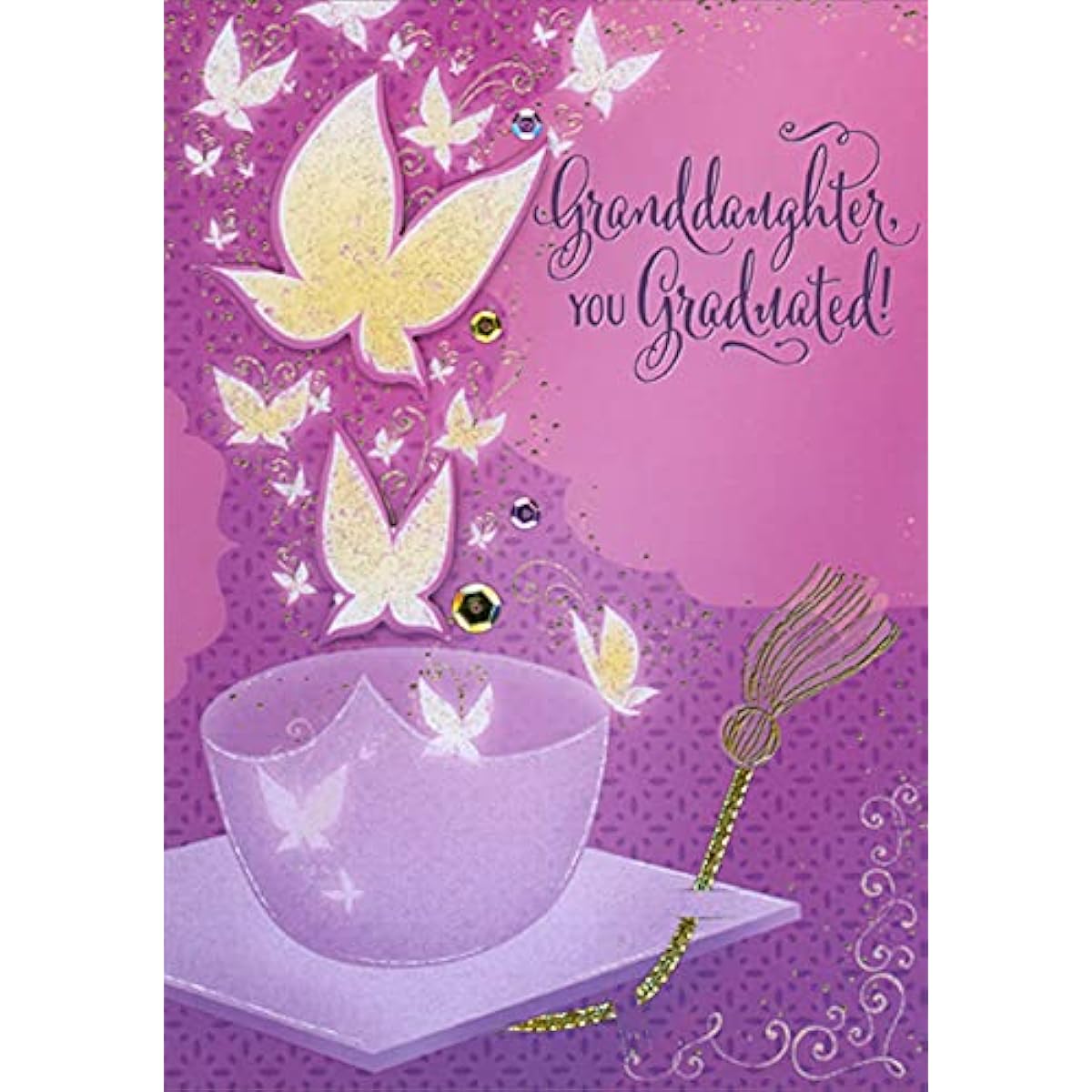 Designer Greetings Upside Down Purple Graduation Cap: 3D Butterflies and Sequins Hand Decorated Graduation Gift Congratulations Card for Granddaughter