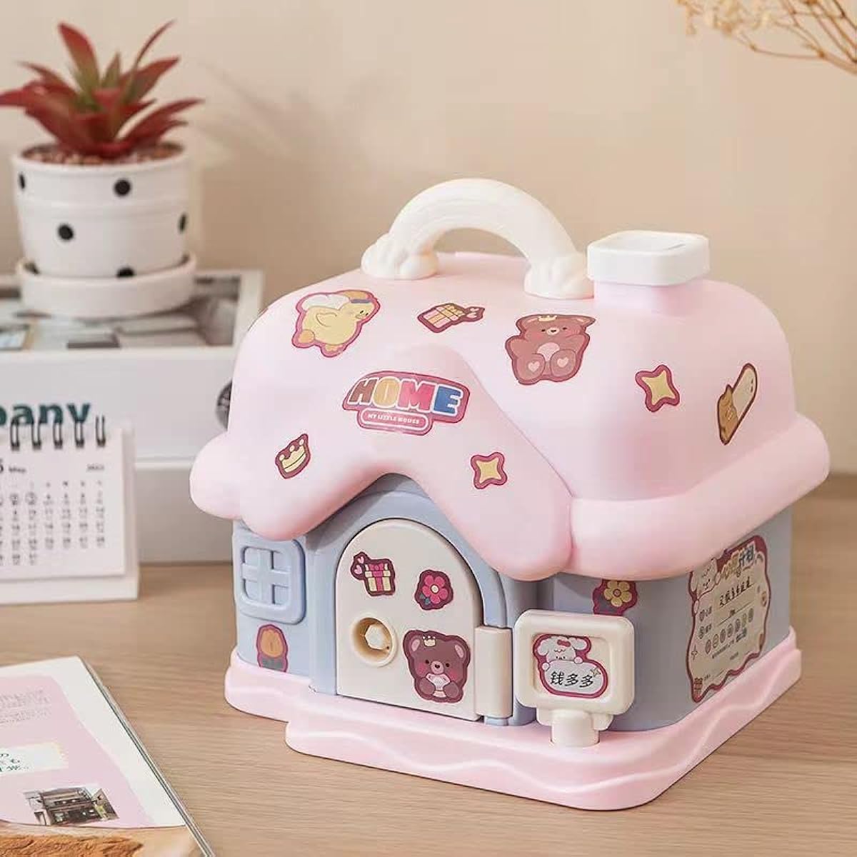 Fairy Tales Cottage Piggy Bank with DIY Sticker Gift & Key Cream House Piggy Bank Kids ATM Gift (Pink)