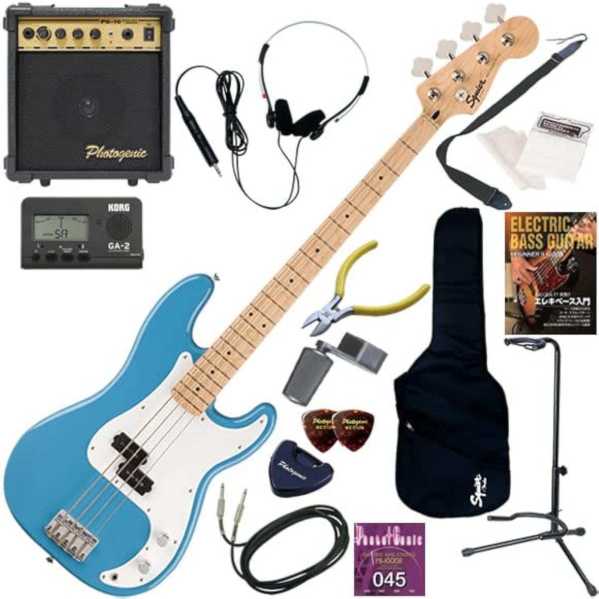 Squier electric bass beginner's standard 15-piece set with 10w amp, Sonic Precision Bass/CAB (California Blue)