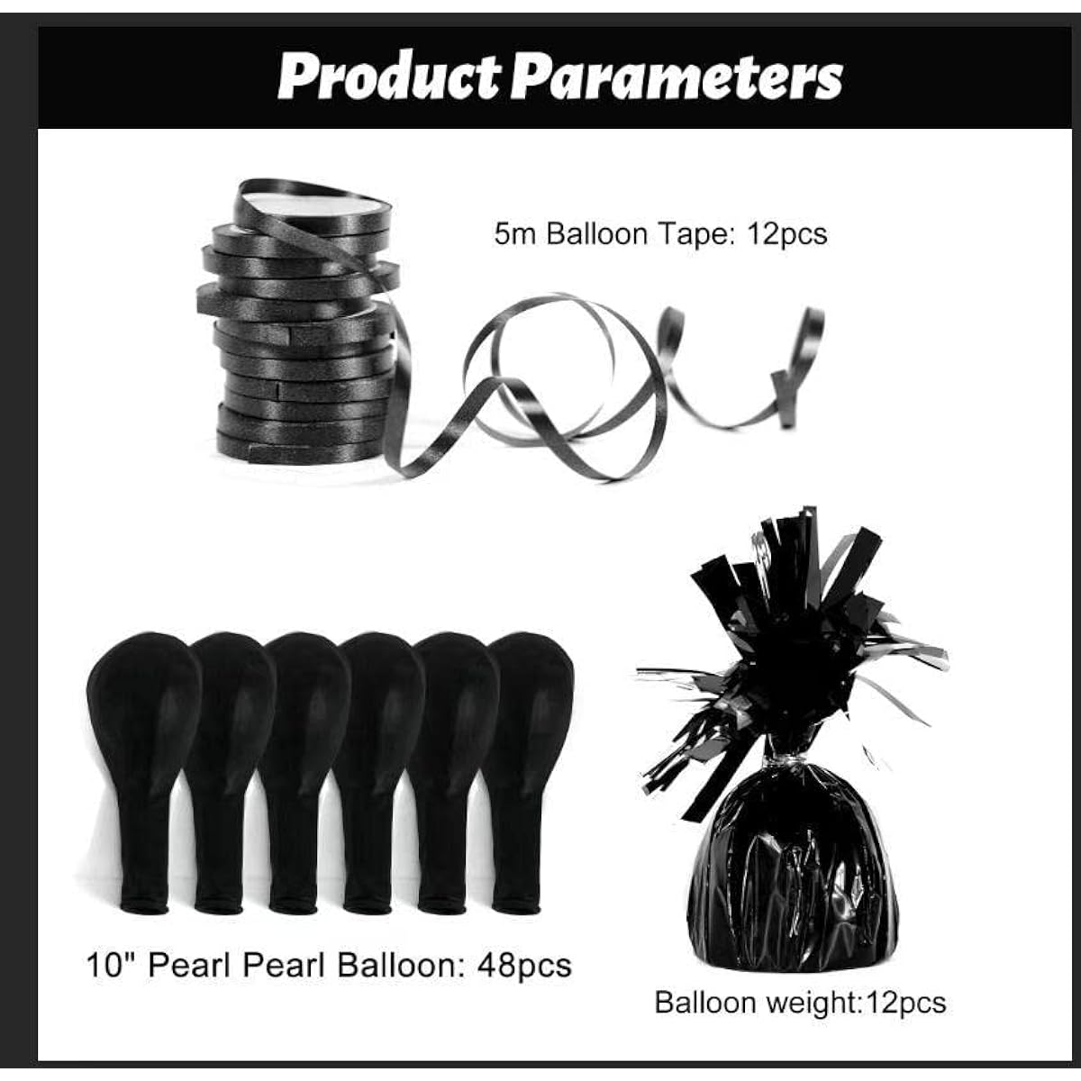 Balloon Weights, Balloons & Ribbons - 12 Balloon Weights, 48 Balloons, Rolled Curling Ribbon - Playo (Black)