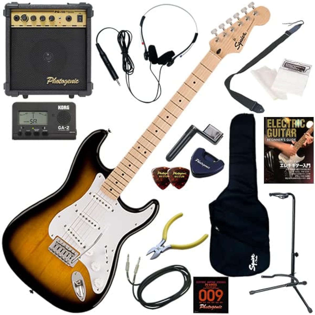 Squier Electric Guitar Beginner's Standard 15-Piece Set with 10W Amp Sonic Stratocaster/2CS (2-Color Sunburst)