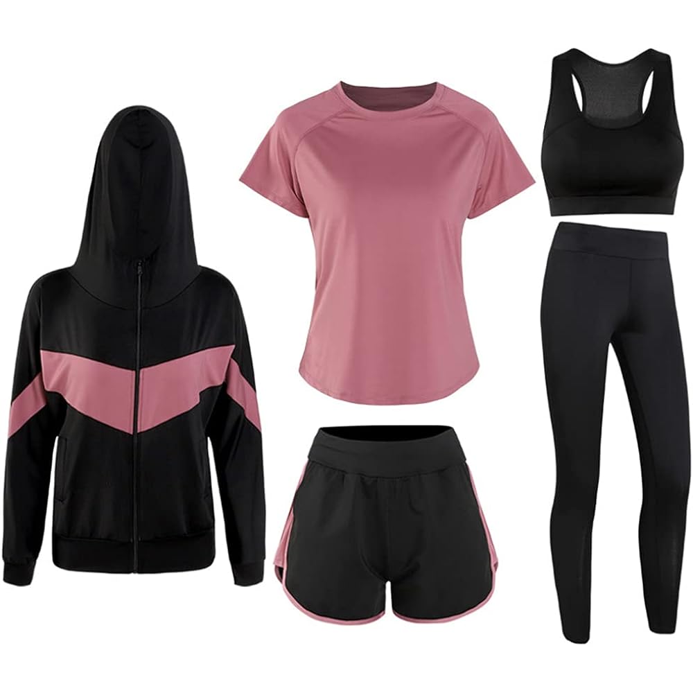 [CARLIE KLOSS] Yoga Wear, Women's Sportswear, Suit, 5 Piece Set, Fitness, Sweat Absorbent, Quick Drying, Breathable, Stretchable, Training, Running, Gym, Top and Bottom Set