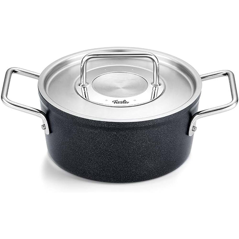 Fissler Double Handed Pot 20cm Adamant Stew Pot with Stainless Steel Lid Compatible with Gas Fire/IH Non-Stick Coating Made in Germany Black [Authorized Japanese Product] 156-114-20-000