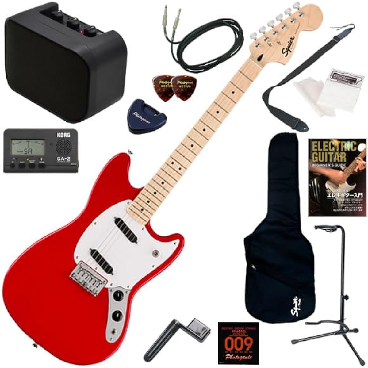 Squier electric guitar beginner's guide, short scale, easy 13-piece set including mini amp, Sonic Mustang/TOR (Torino Red)