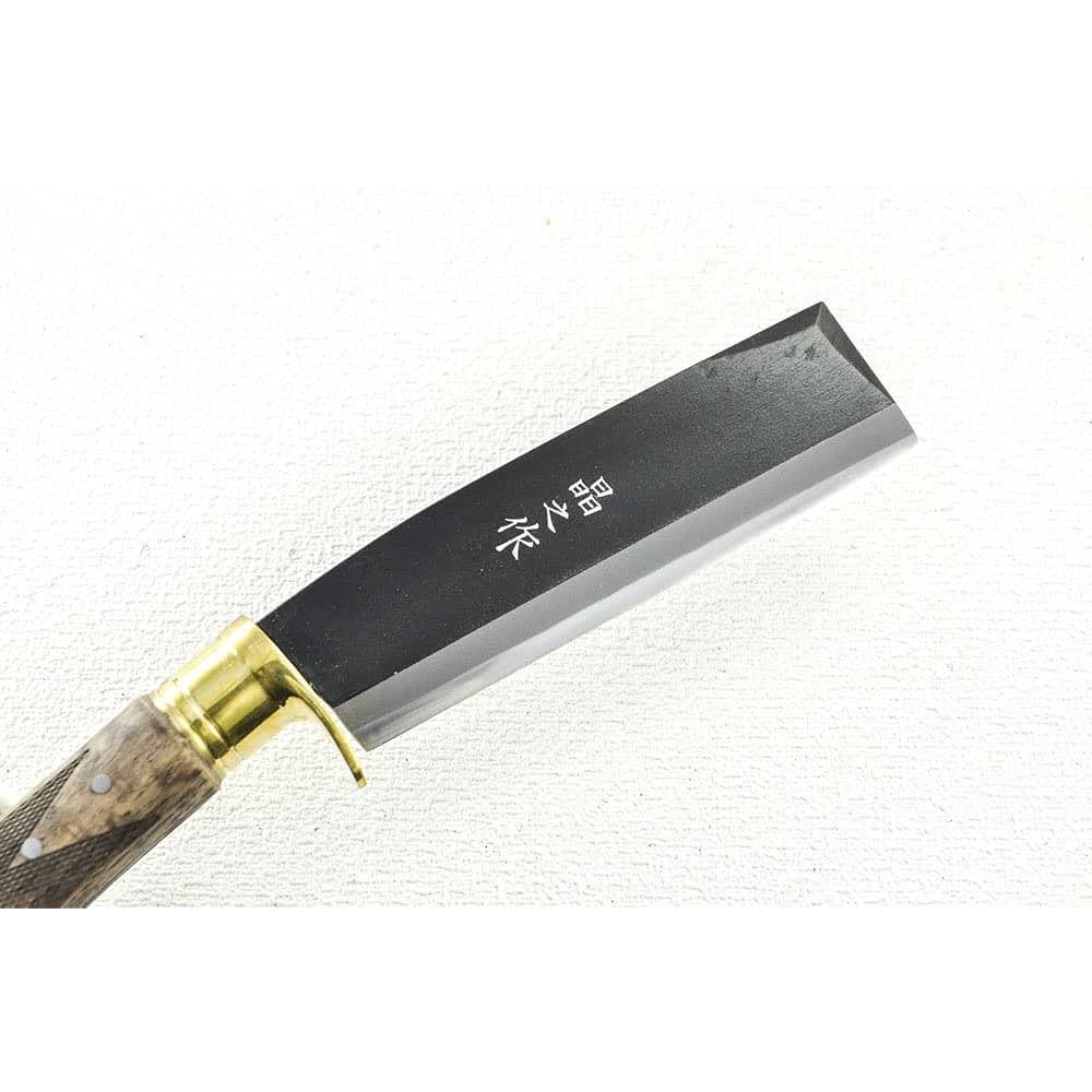 Akinosaku Bent Bonfire Hatchet, Black Double Edge, Handle Angle/Standard Type, 5 Dimensions, Aogami No. 2 Steel, Brass Flange Ring, Wooden Sheath, Oil Stain Leather Band, Oak Oil Stain Checkered Pattern, Magarit-007, Toyokuni Batoning, Made in Japan, For