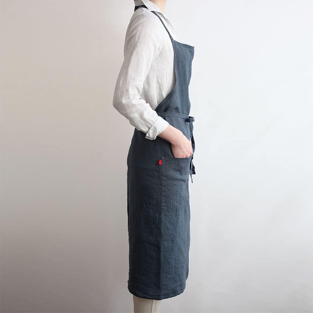 [Lino e Lina] Lino Elina Apron Full Apron Manon A641 Denim Blue Women's Men's Kitchen Plain Linen Hemp Simple Long Length Gift Present