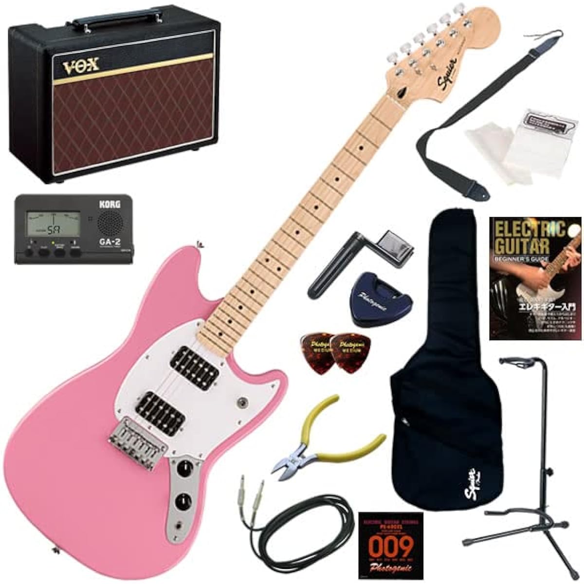 Squier electric guitar beginner's guide short scale 14-piece set including VOX Pathfinder10, Sonic Mustang HH/FLP (Flash Pink)