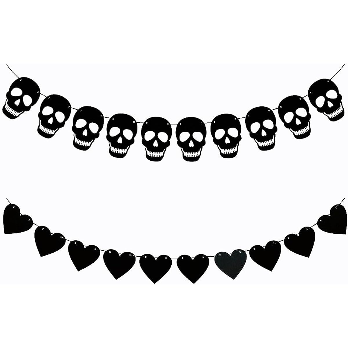 SaktopDeco Black Heart Skull Garland Felt Skull Heart Banner Gothic Valentine Decor Halloween Home Decorations Set of 2