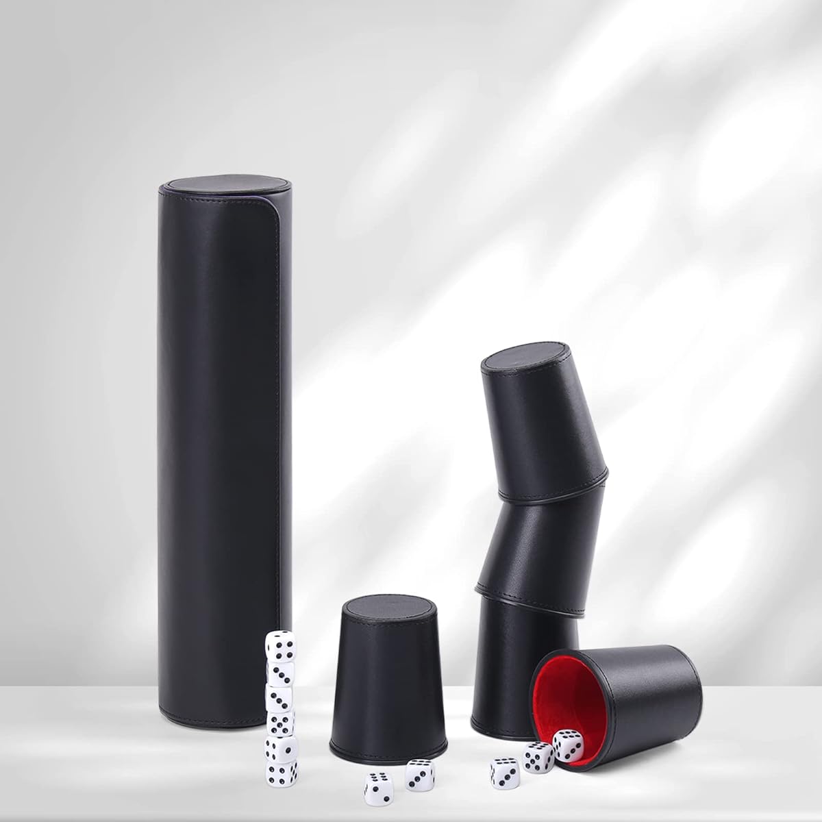 Magic Vosom Leather Dice Cup Set - 5 Dice Cups + 25 Dice + 1 Folding Tray - Dedicated Storage & Transport Case - Faux Leather - Magnetic Closure