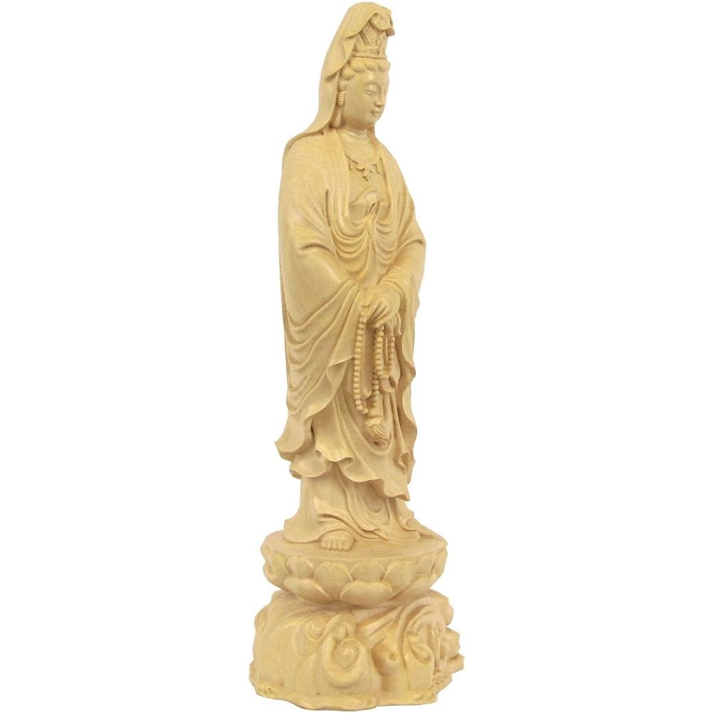 Kurita's special Buddha statue [Bodhisattva] Standing statue of St. Kannon Bodhisattva (total height 23 cm, width 8 cm, depth 7.5 cm) High-quality wood carving made of water boxwood, lotus stand on the wave 8121