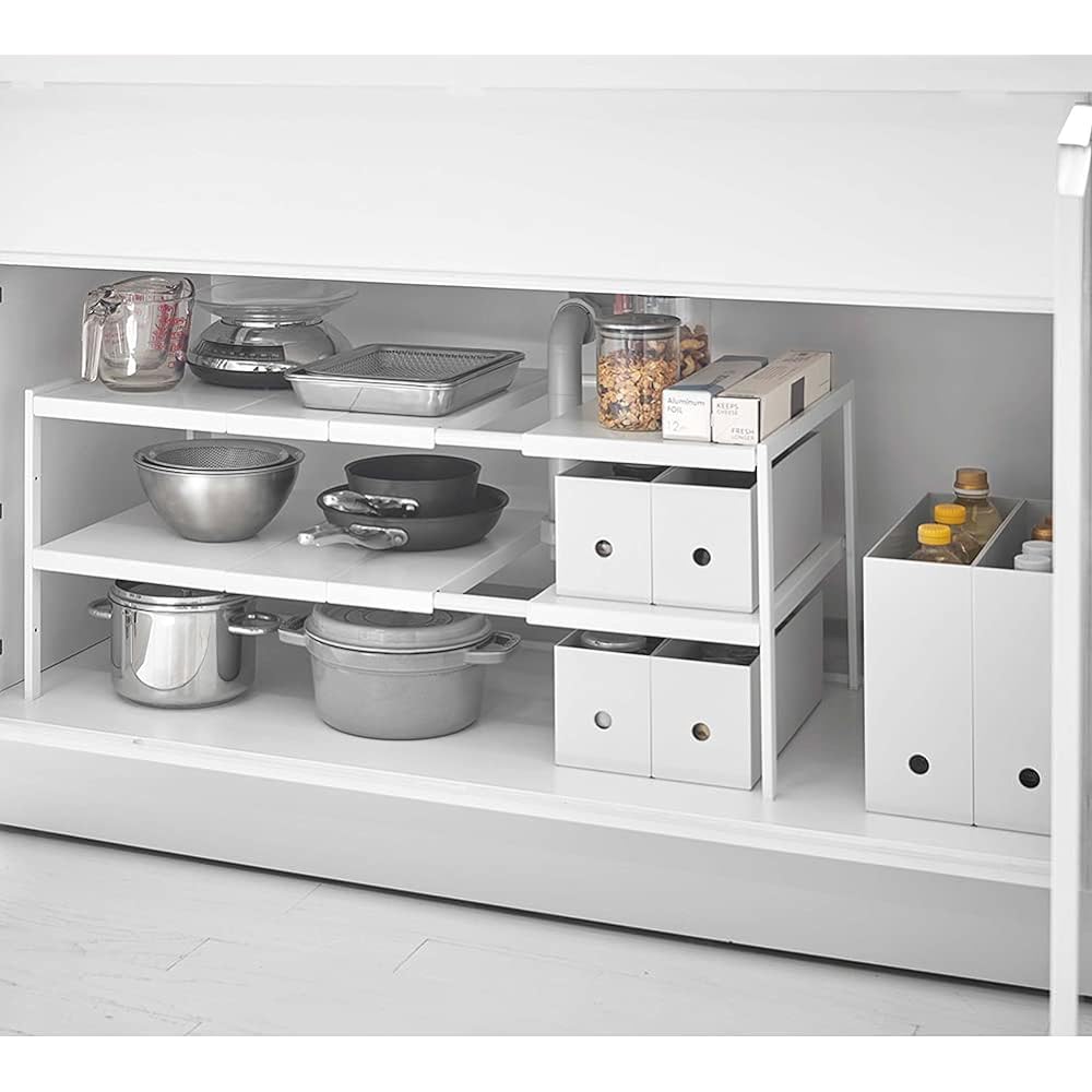 Yamazaki Jitsugyo Telescopic Under Sink Rack 2 Tiers D40 White Approx. W50~85 x D40 x H35 cm Tower Under Sink Storage 6 Levels Height Adjustment Width Adjustment 4950