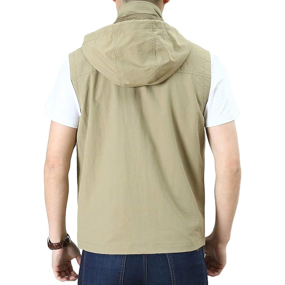[Rortyno] Fishing Vest, Hooded Vest, Fishing Vest, Nylon Vest, Brushed Lining, Thin, Hooded Vest, Zip Up, Jacket with Many Pockets, Vest, Military, Large Size