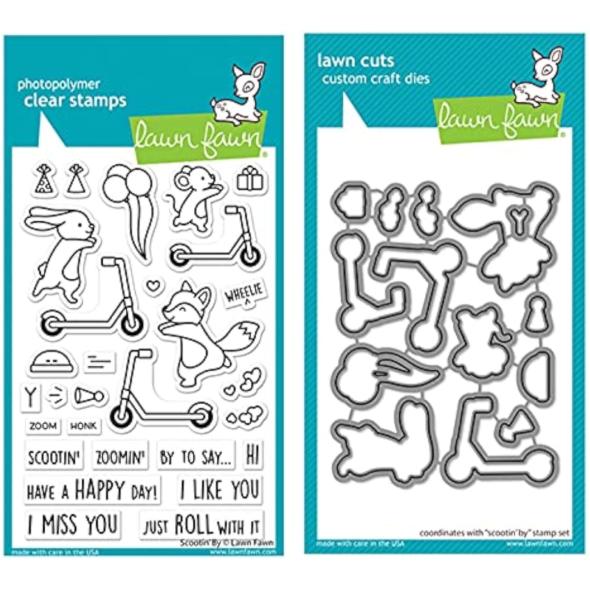 Lawn Fawn Scootin' by 4" x 6" Clear Stamp Set and Coordinating Die Set, 2 Item Bundle (LF2554, LF2555)