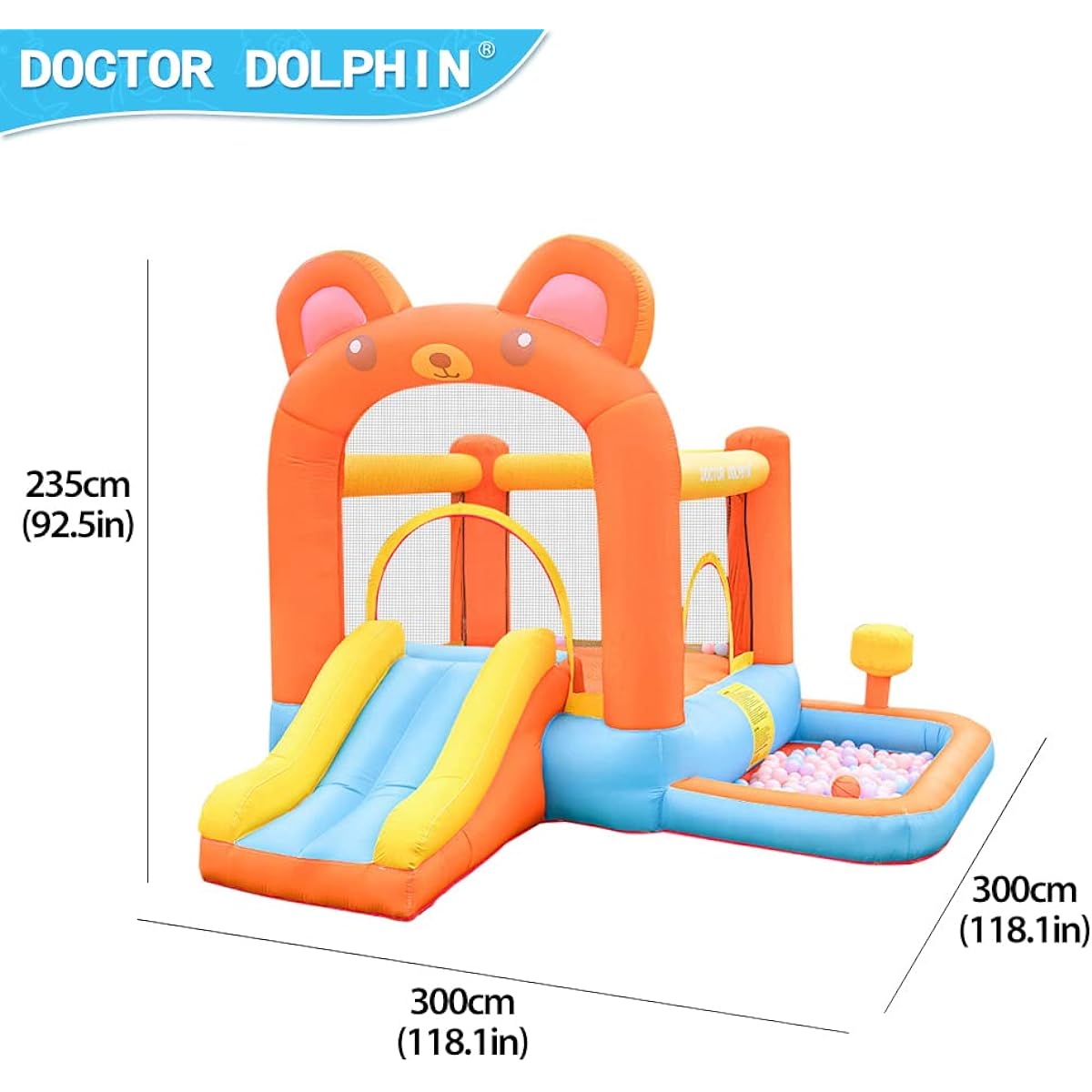 Doctor Dolphin Inflatable Bounce House Slide Bear Theme with Blower Punching Bag Ball Pit Bouncy House for Kids 2 - 12 Outdoor or Indoor