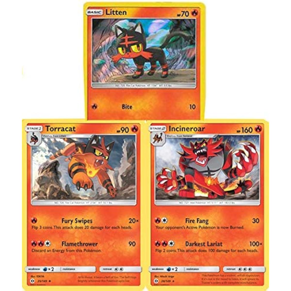 Incineroar 26/149 - Evolution Card Set - Torracat Litten - Sun and Moon Base Set - 3 Rare Cards