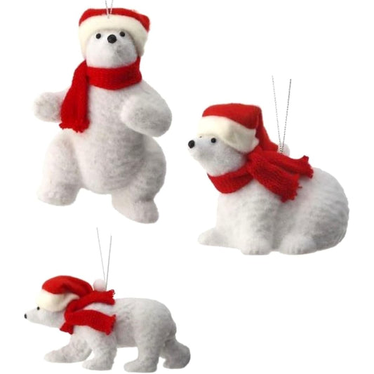The Bridge Collection Santa Polar Bear Ornaments, Set of 3, Holiday Home Christmas Tree Ornaments