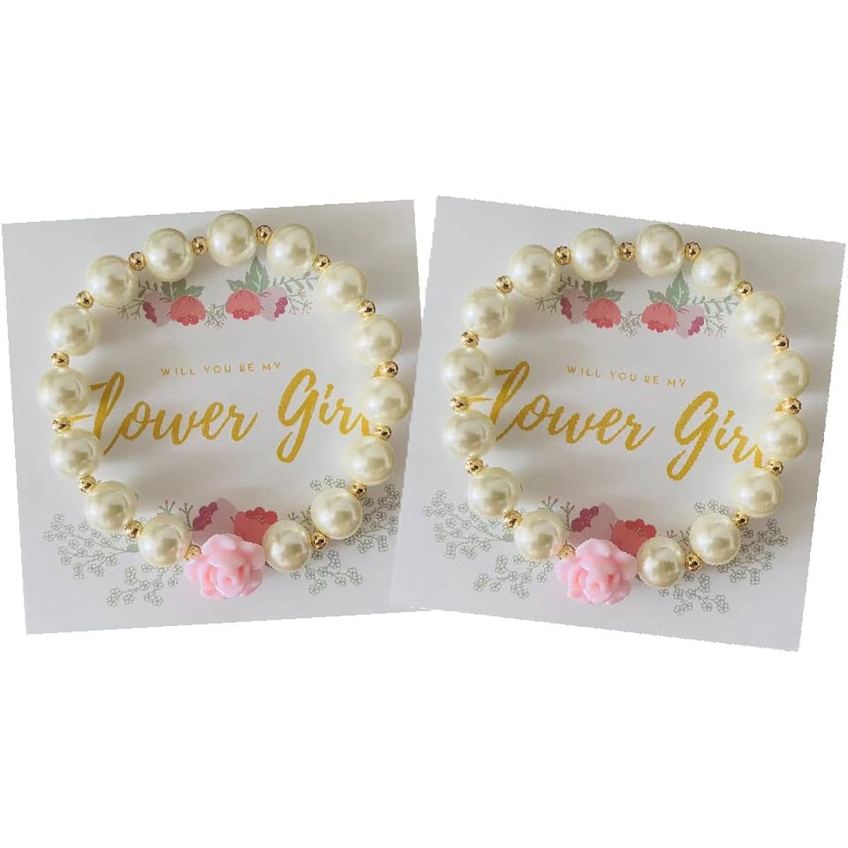 Bride Flower Girl Proposal Gift Flower Girl Pearl Bracelet Set of 2, No Jewels