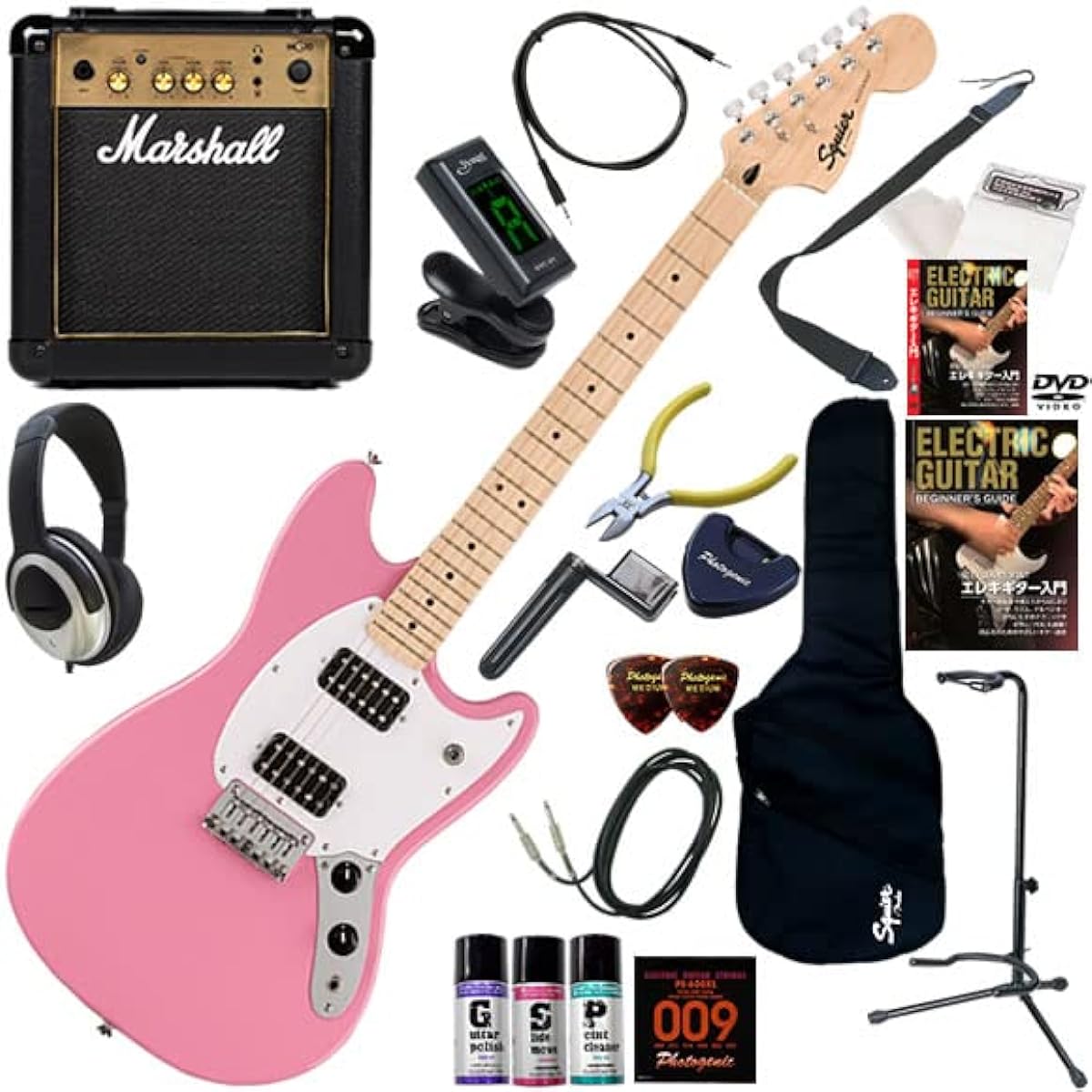 Squier electric guitar for beginners, short scale, simple yet powerful sounding Marshall MG10, 20-piece set, Sonic Mustang HH/FLP (Flash Pink)