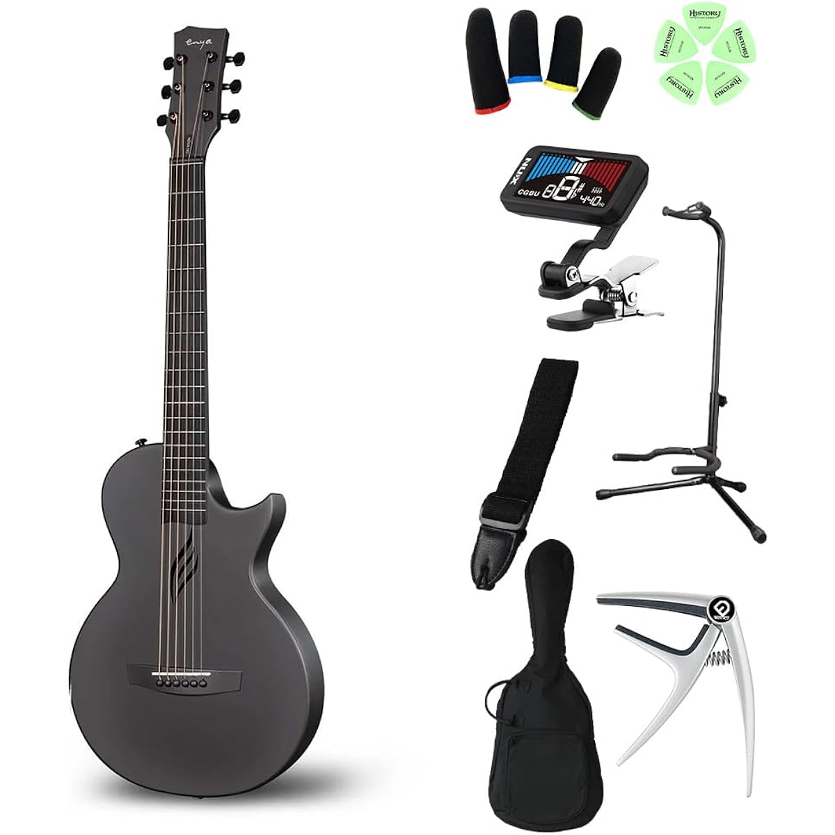ENYA NOVA GO Elementary school students can play from the first grade! Kids guitar beginner set Acoustic guitar for children Black Thin body Travel guitar [Official Japanese product] Enya