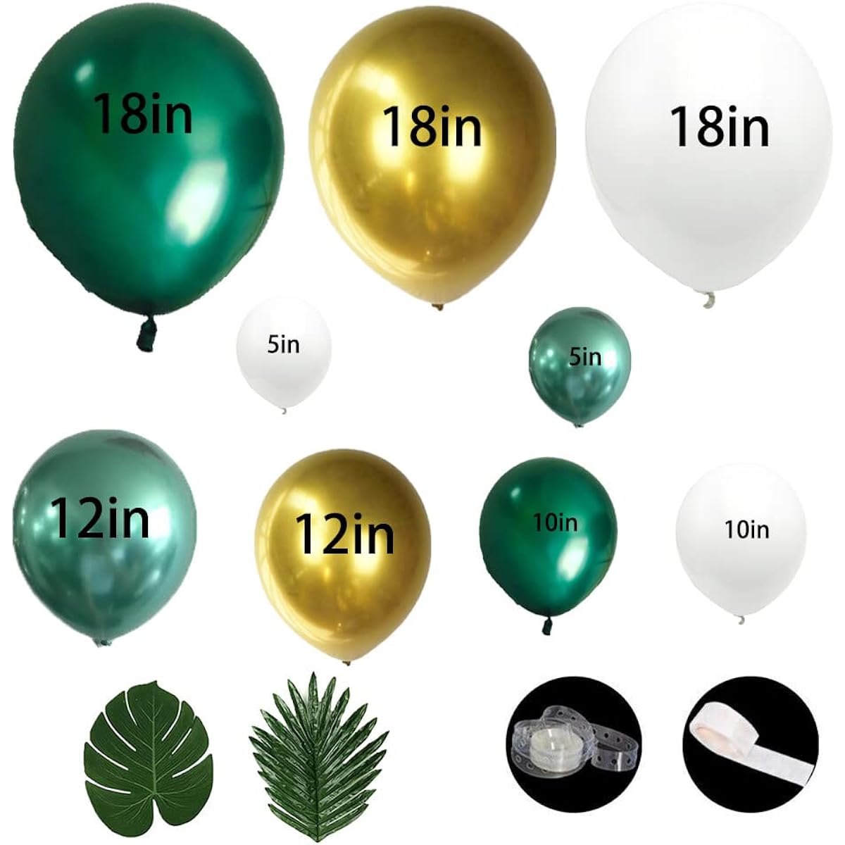 Jungle Safari Theme Party Balloon Garland Arch Kit, Emerald Green Gold Metallic White Balloon Tropical Palm Plant Leaf Tape Kit Party Decoration Baby Shower Kids Birthday (130 Pieces 18" 12")