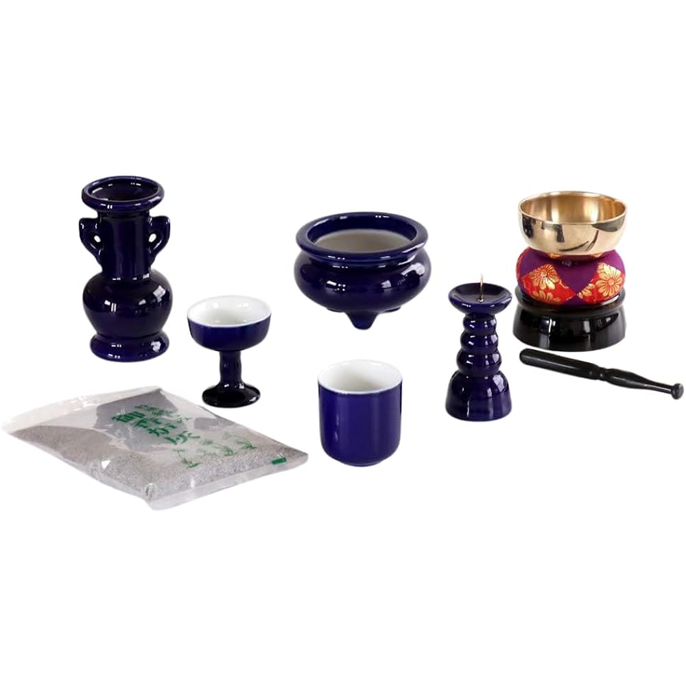 Buddhist altar set, lapis lazuli, plain, pottery, 5 pieces + orin set, with incense burner ash, for modern mini Buddhist altars