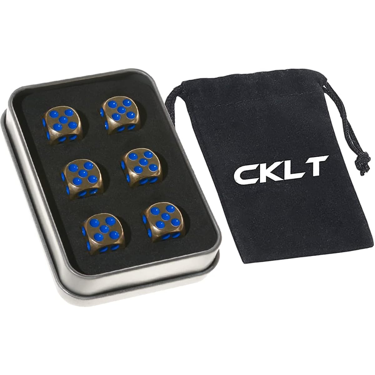 CKLT 6 Sided Metal Brass Dice with Blue Pips, Table Board Game Dice, 6 Pieces Solid Gift Brass Dice Tabletop Game Set for Poker Party Games