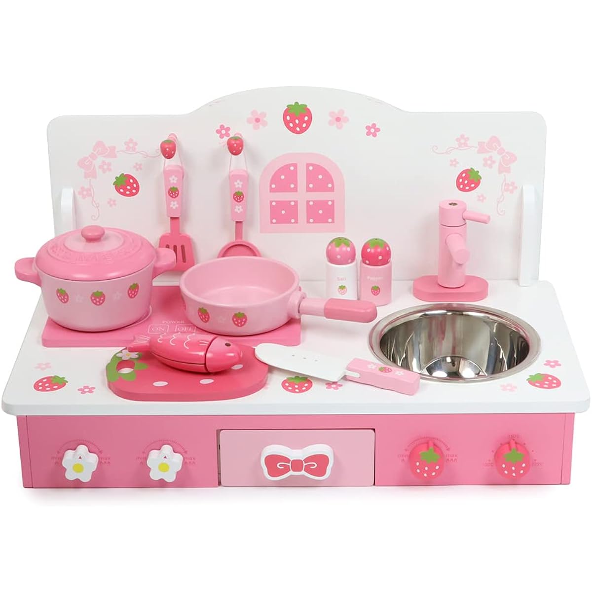 Mother Garden Table Kitchen Wooden Pretend Play Wild Strawberry Tabletop Kitchen (Pink) 10 Accessories 441-19772