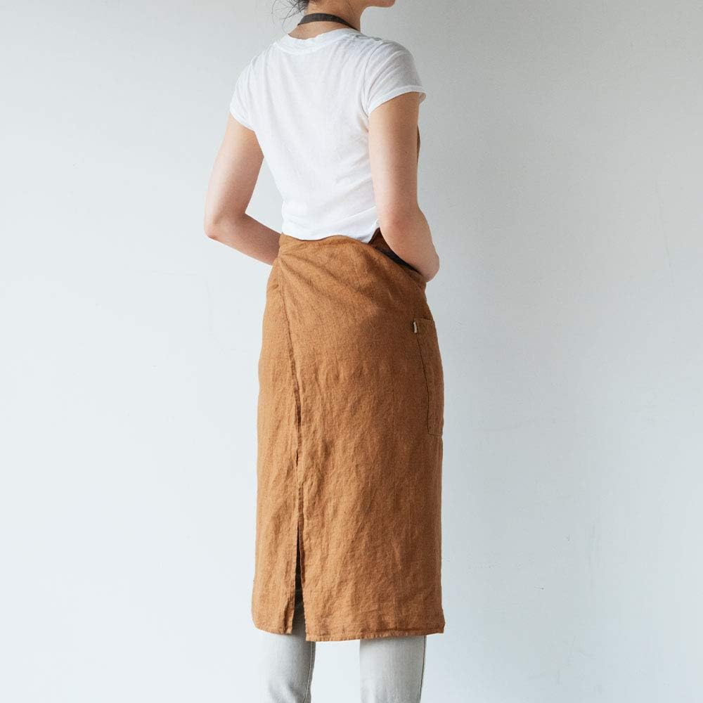 Linen full apron Manon <Brown ocher> A325 [Lino e Lina/Lino e Lina]