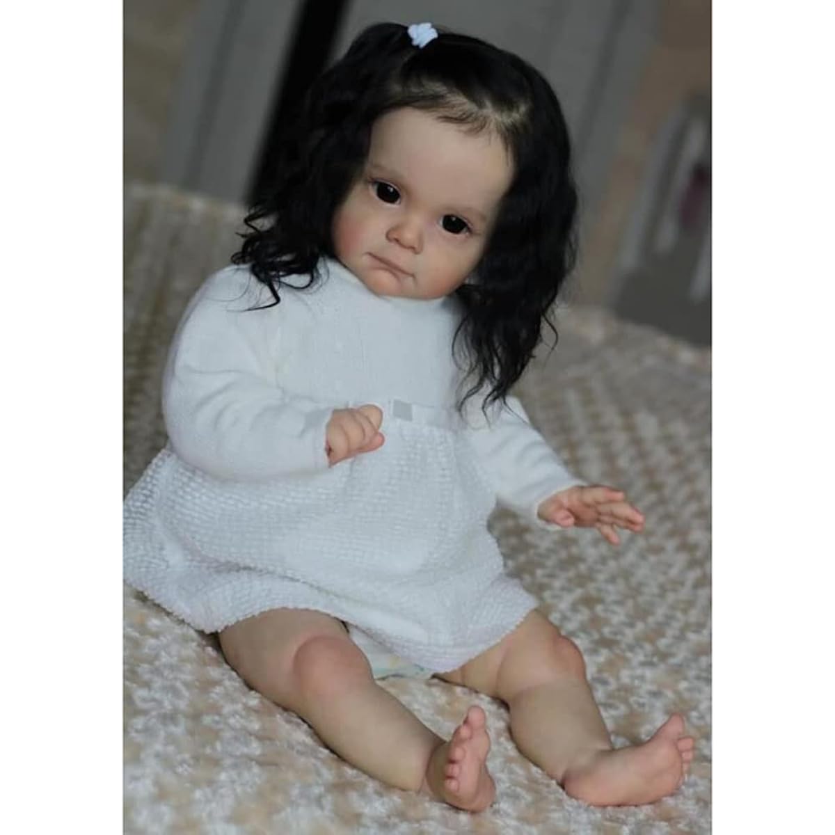 LONIAN 60CM Bebe Doll Reborn Toddler Black Root Hair Soft Touch Body (Blue Eyes)