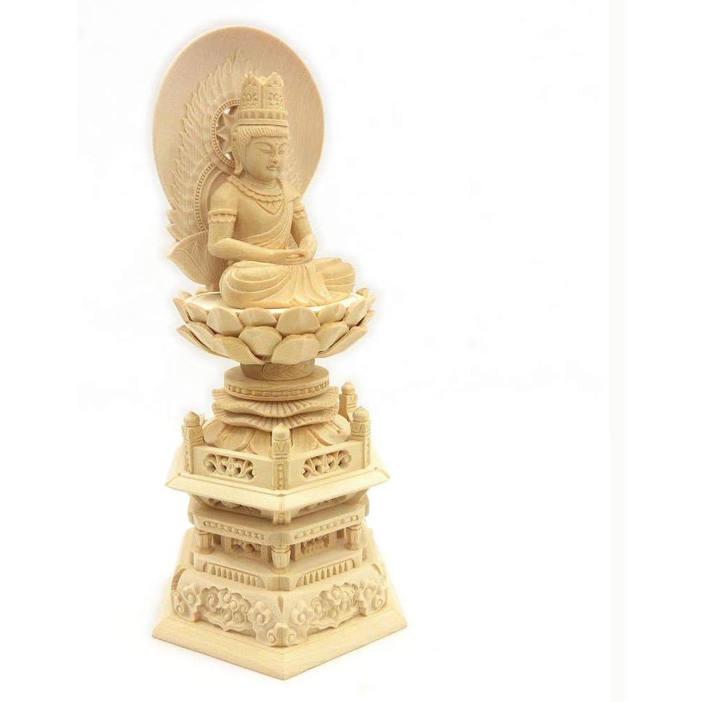 Kurita Specialty Buddha Statue [Tathagata] (Womb World) Dainichi Nyorai Seated Statue 2.0 dimensions (Total Height 23cm, Width 11.5cm, Depth 8.5cm) High quality wood carving made of Japanese cypress, Sunlight back hexagonal stand 5685