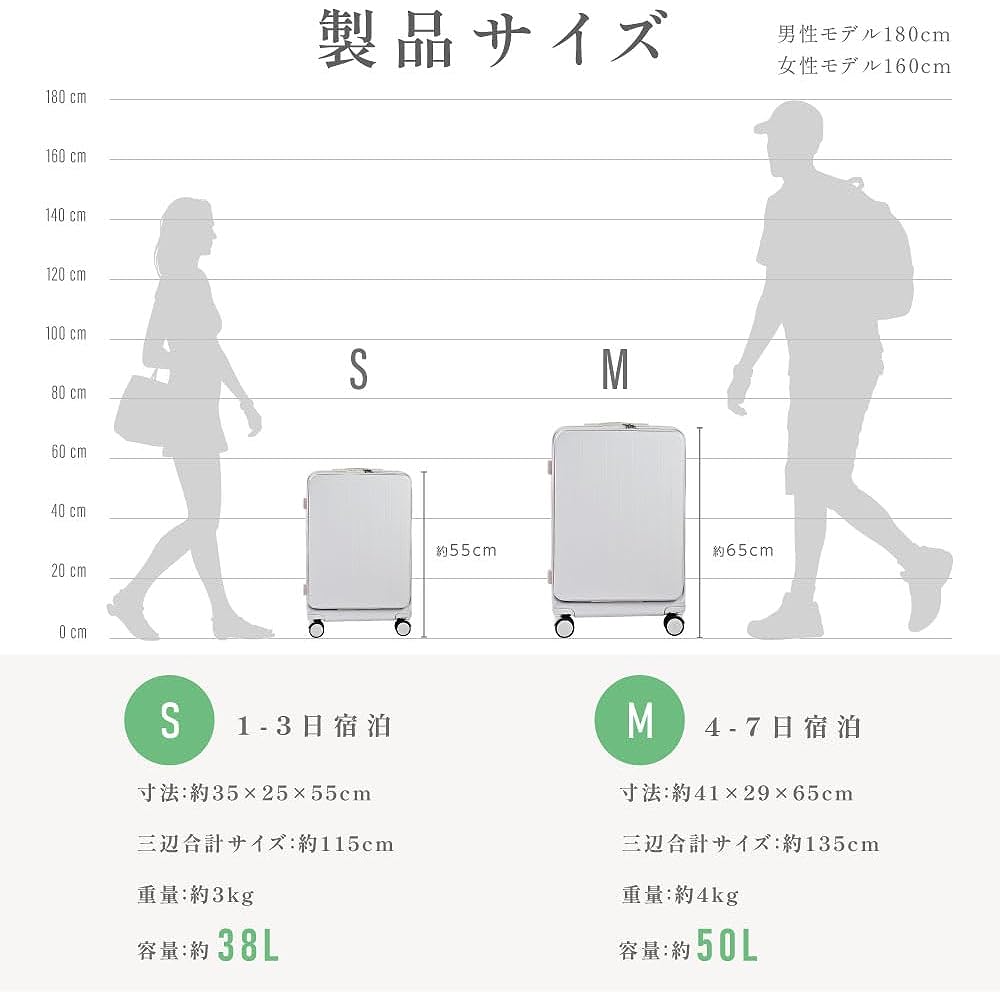 [AM Aomoid] Front opening suitcase with USB port Carry case M size Carry bag 4 colors to choose from Front opening 4-7 days overnight stay Lightweight design Large capacity Multiple storage pockets Trunk School trip Travel sc818-24-wh
