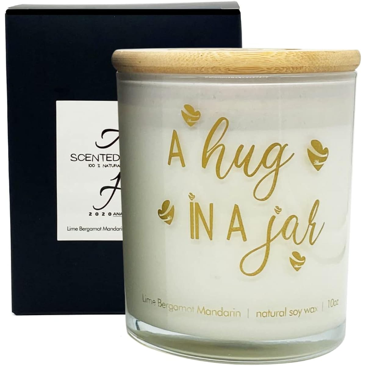 Hug in a Jar Natural Soy Wax Candle in Gift Box, Gift for Best Friend, Mom, Father, Sister, Grandmother, Good Birthday or Early Gift, Lime, Bergamot, Mandarin Scent (White)