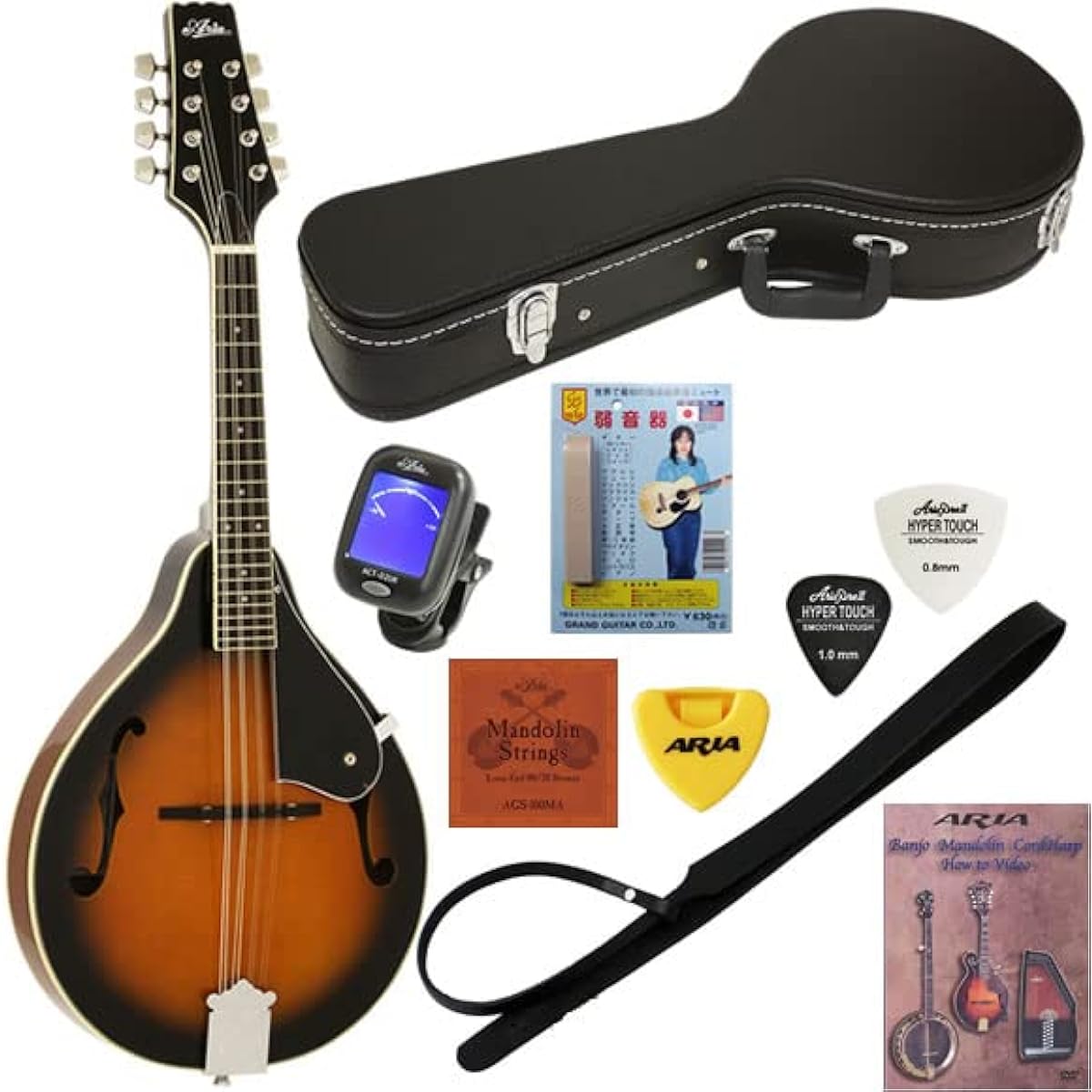 Aria flat mandolin for beginners, standard 9-piece set with hard case included AM-20