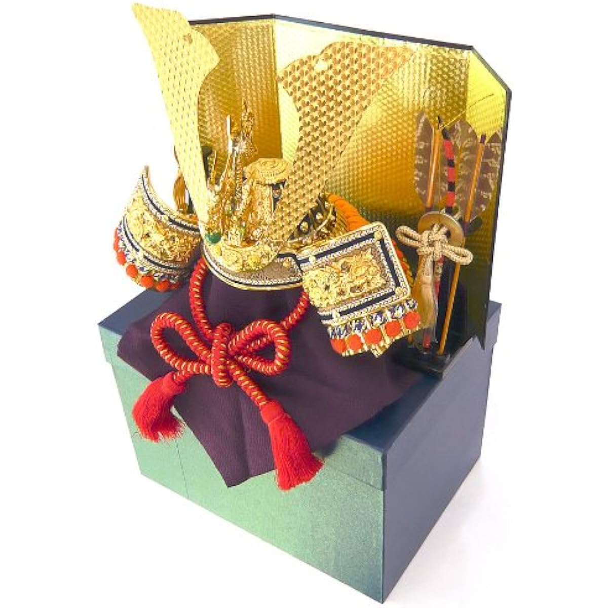 Large 鍬形 mini helmet No. 13, full set with folding screen, bow and sword, and display stand. A slightly larger mini helmet decoration set perfect as a gift or seasonal display.