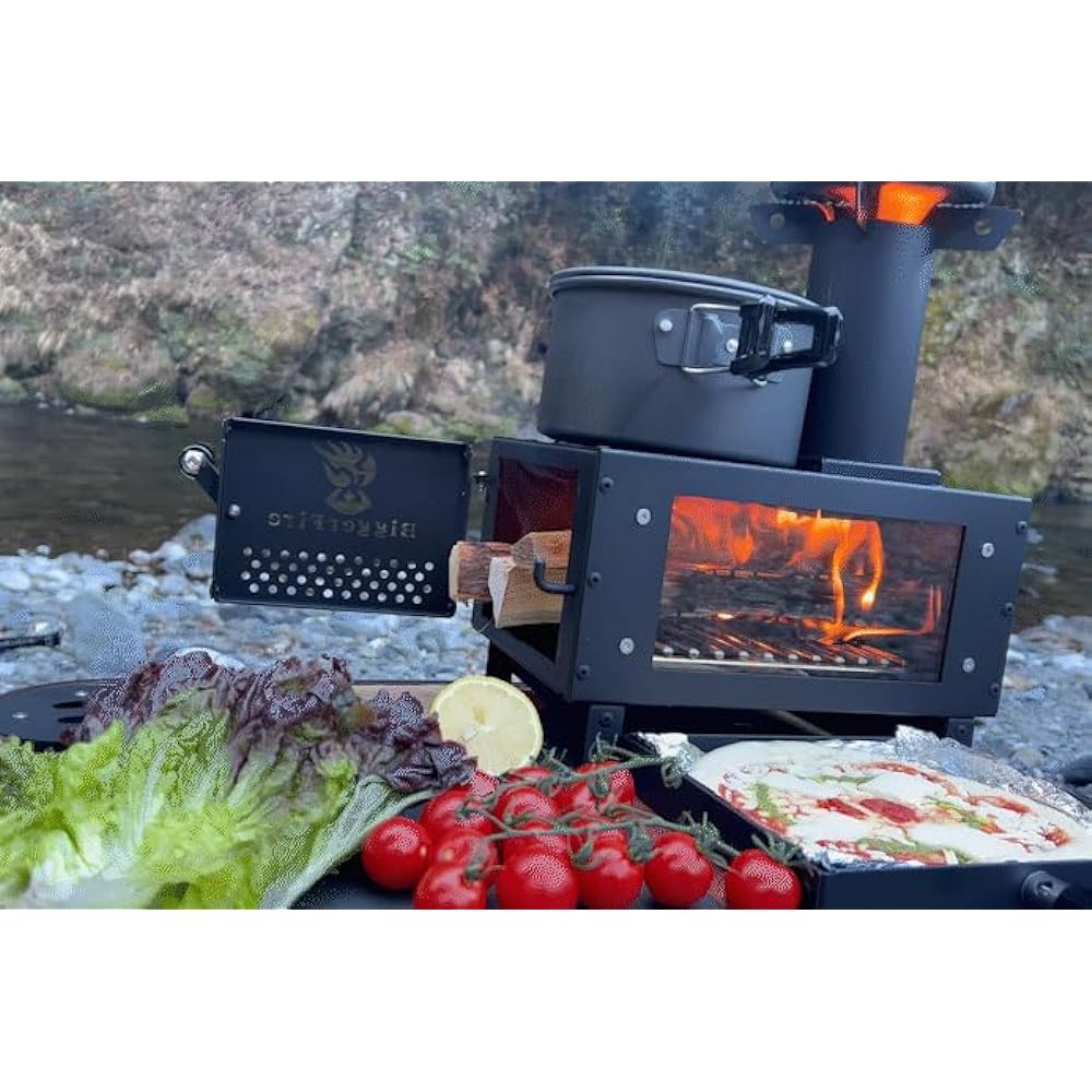 ``New Release'' Wood Stove Bigger Fire with Oven 3-in-1 Camping Heat-resistant Glass Window Mini Wood Stove with Chimney Small Solo Stove Bonfire Stand Compact Outdoor Stove BBQ Cooking Fireplace for Family Tabletop Wood Stove Storage Bag Included