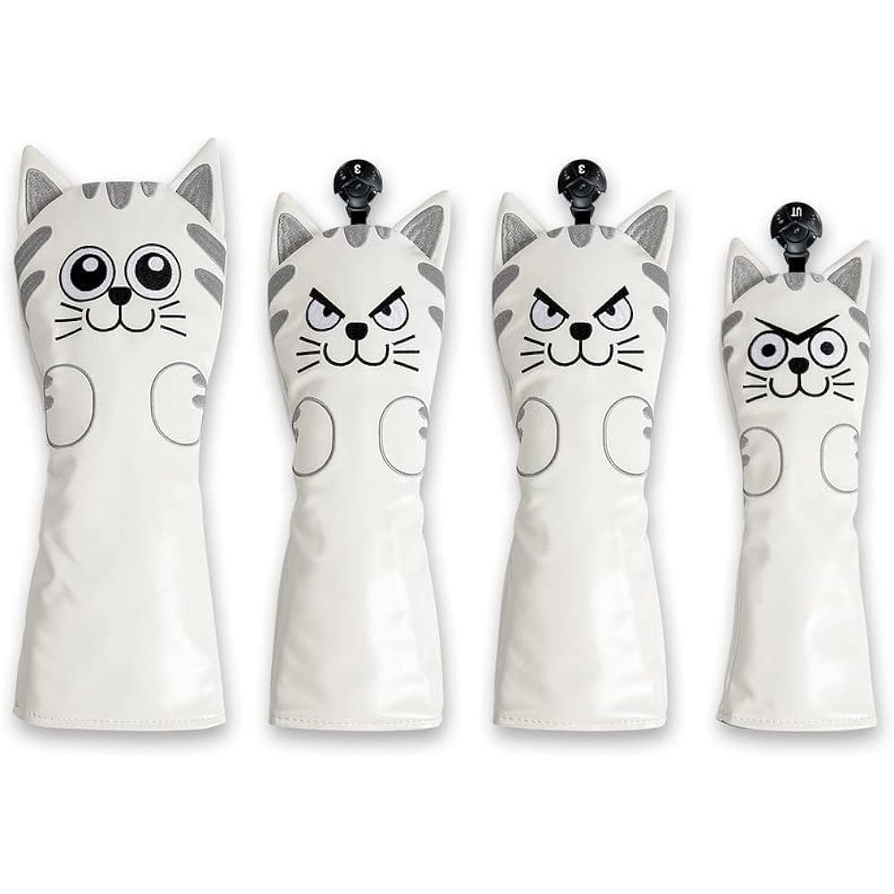 Golf head cover Driver cover 1 piece / Wood FW cover 2 pieces Utility UT cover 1 piece Conversion tag included 4 piece set Cat Cat White Black Gray