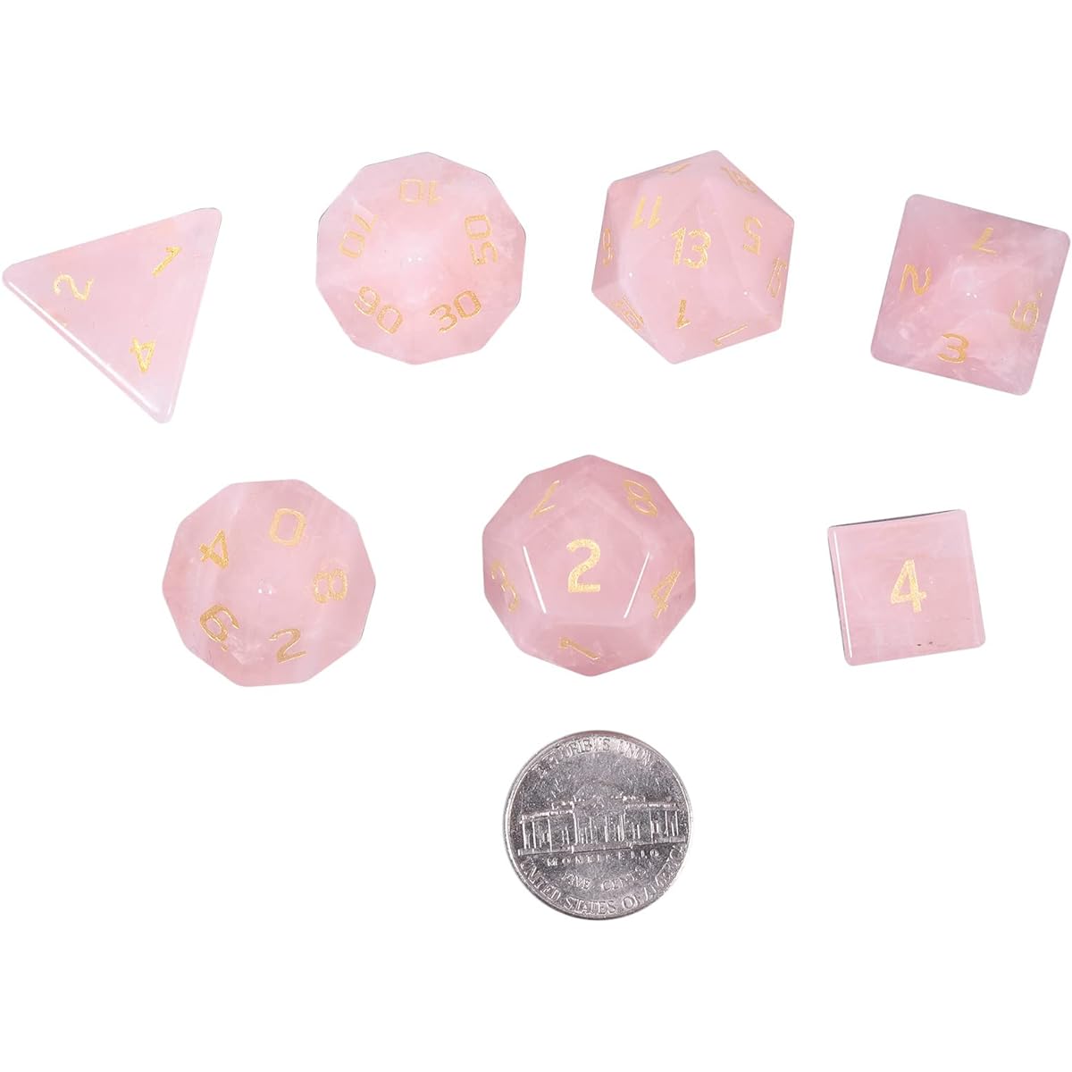 rockcloud Rose Quartz Crystal DND Polyhedral Dice Set of 7 Healing Crystal Stone Handmade Dice with Dice Box for RPG MTG Table Games Home Office Decor