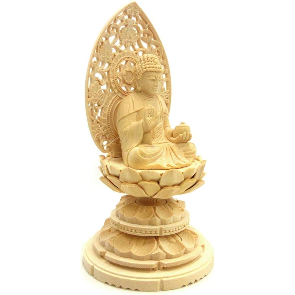 Kurita's special Buddha statue [Tathagata] Seated Yakushi Nyorai statue 2.0 dimensions (total height 18.5 cm, width 10 cm, depth 9 cm) High quality wood carving made of cypress wood Grass light round stand 6995
