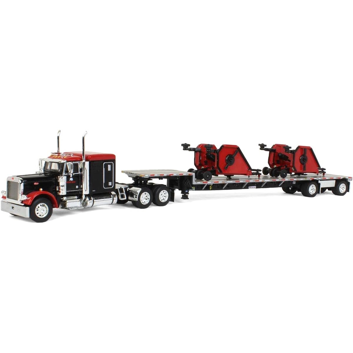 DCP Products 1/64 Black Bush Hog Peterbilt 379 63" Flat Top Sleeper with Transcraft Deck Trailer & 2 Bush Hog Wing Mowers 60-1338