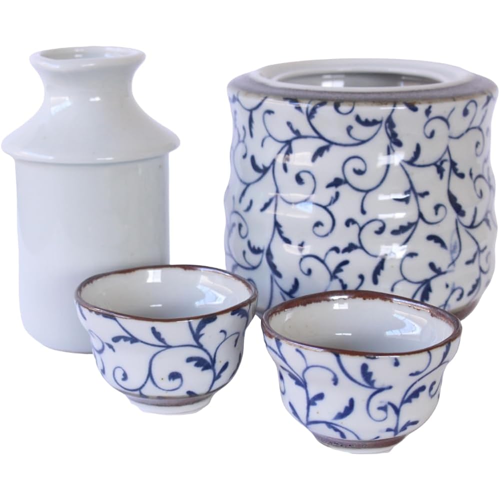 Ale-net Sake Ware, Cold Sake Ware, Tokkuri, Hot Sake, 300ml, Tsuru Arabesque, Sake Warmer, Sake Ware with Heater (Large), Includes 2 Cups, Pottery, Mino Ware