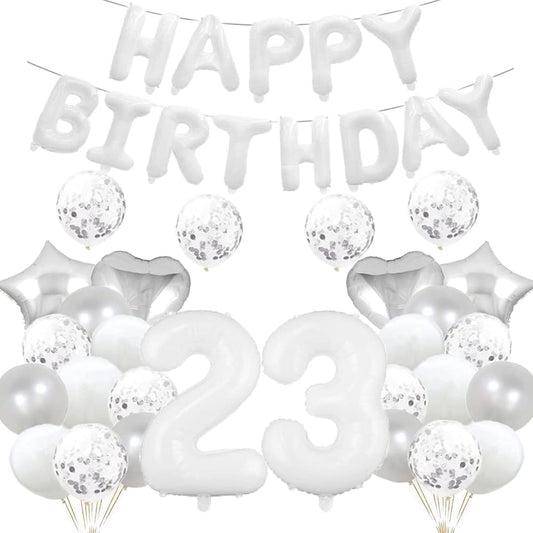23rd Birthday Balloons, 23rd Birthday Decorations, White 23 Balloons, Happy 23rd Birthday Party Supplies, Number 23 Foil Mylar Balloons, Latex Balloons, Gifts for Women and Men