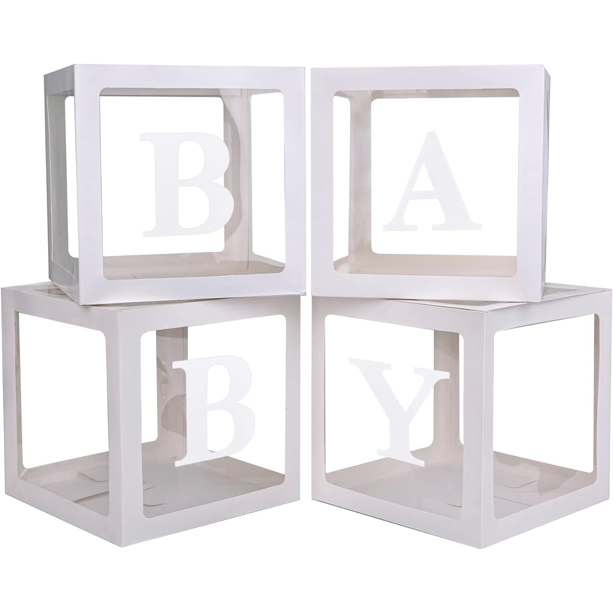 PABUES Baby Boxes 4pcs with Letters Baby Shower White Clear Balloon Box Blocks Gender Reveal Decorations Birthday Party