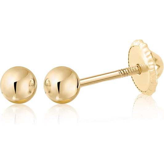14K Yellow Gold Stud Back Polished Screw Ball Earrings Second Earrings for Children Kids Baby Adults