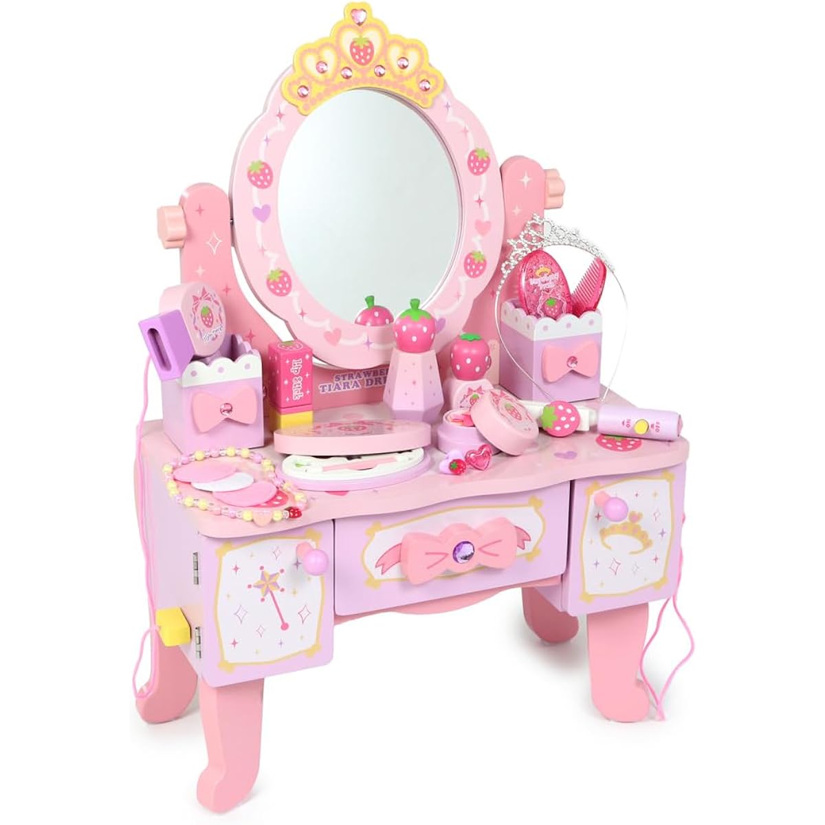 Mother Garden Wild Strawberry Tiara Dresser Pink 2022 Wooden Toy Dressing Table Pretend Play Set 263-21582