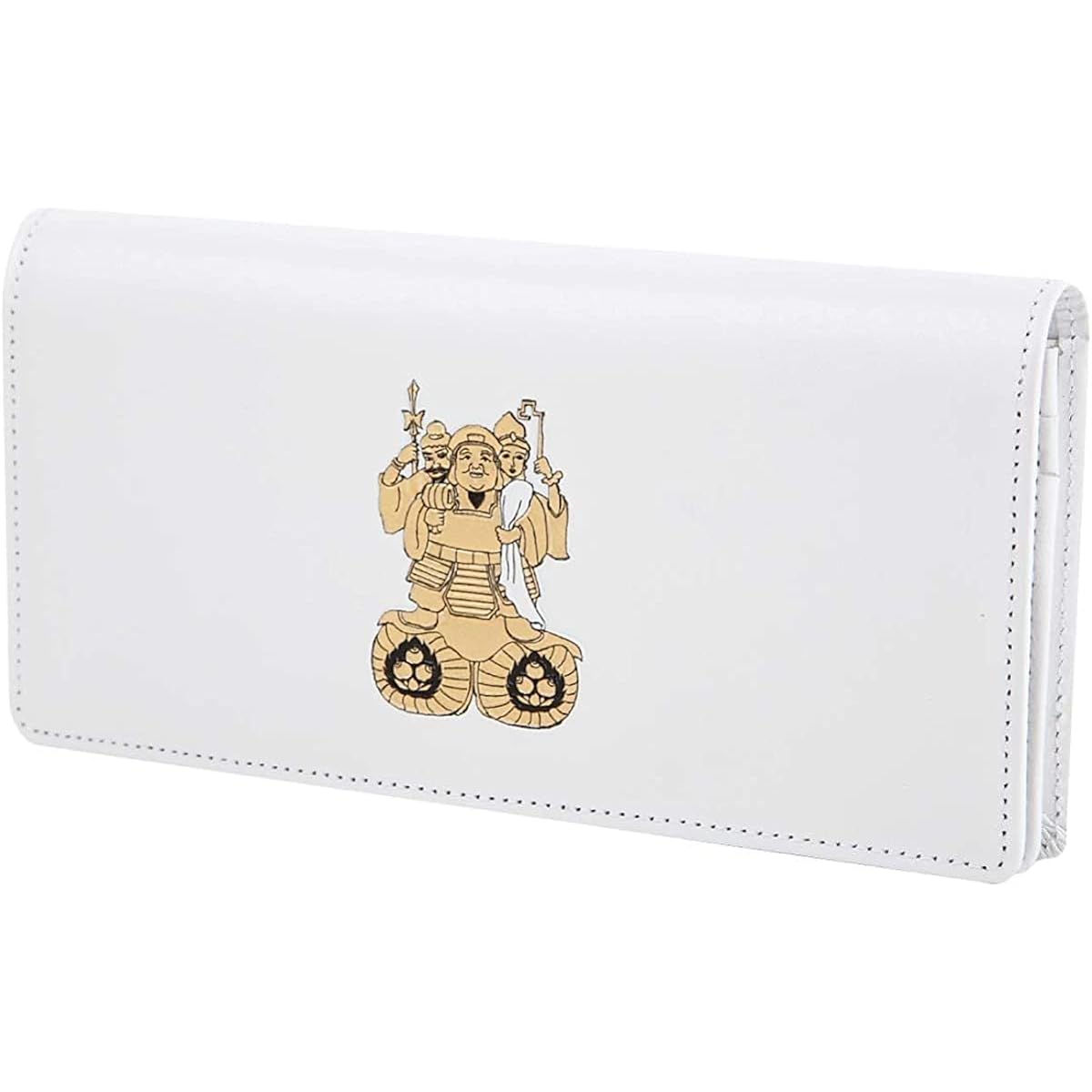 Cowhide embossed three-sided Daikokuten pattern simple long wallet white