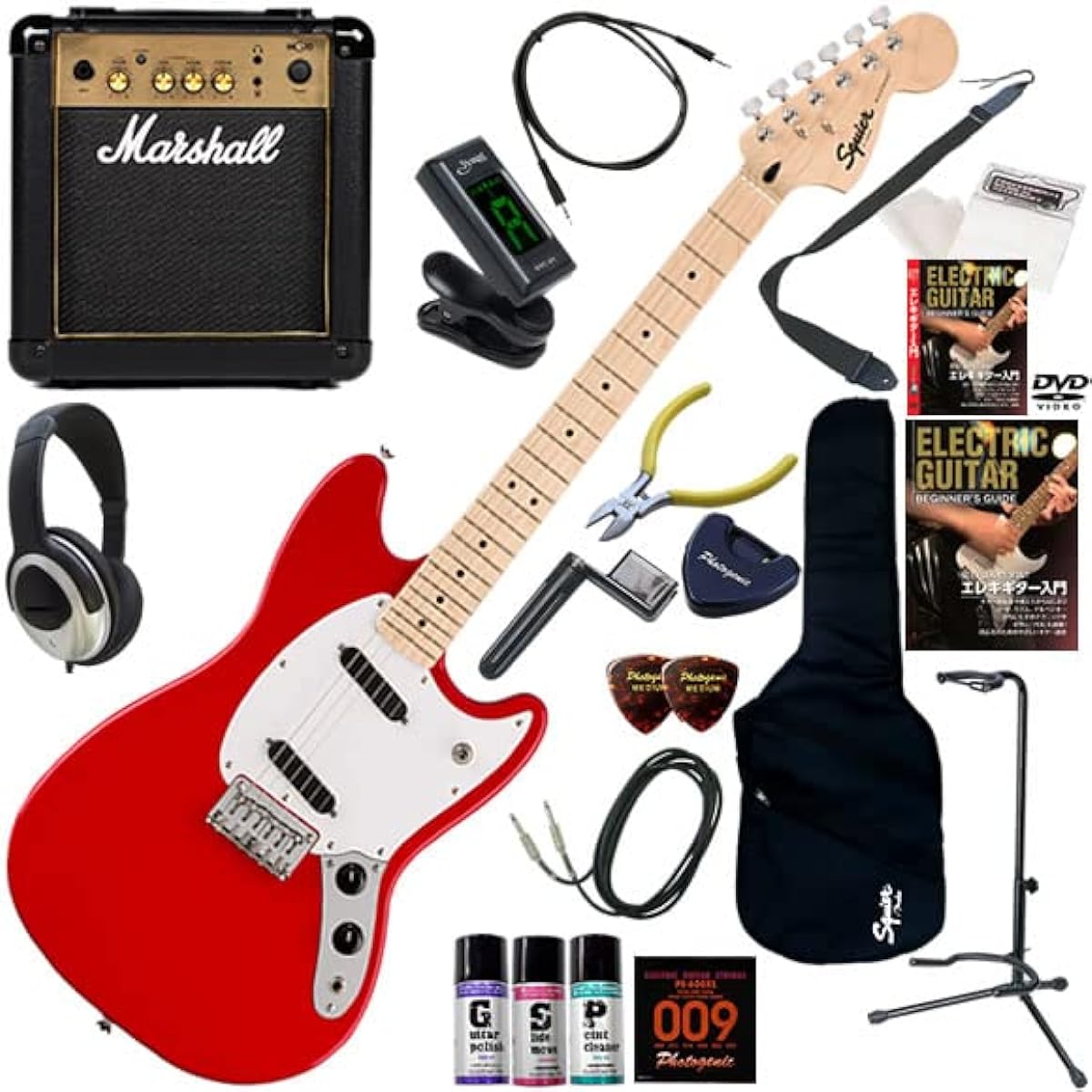 Squier electric guitar for beginners, short scale, simple yet powerful sounding Marshall MG10, 20-piece set, Sonic Mustang/TOR (Torino Red)