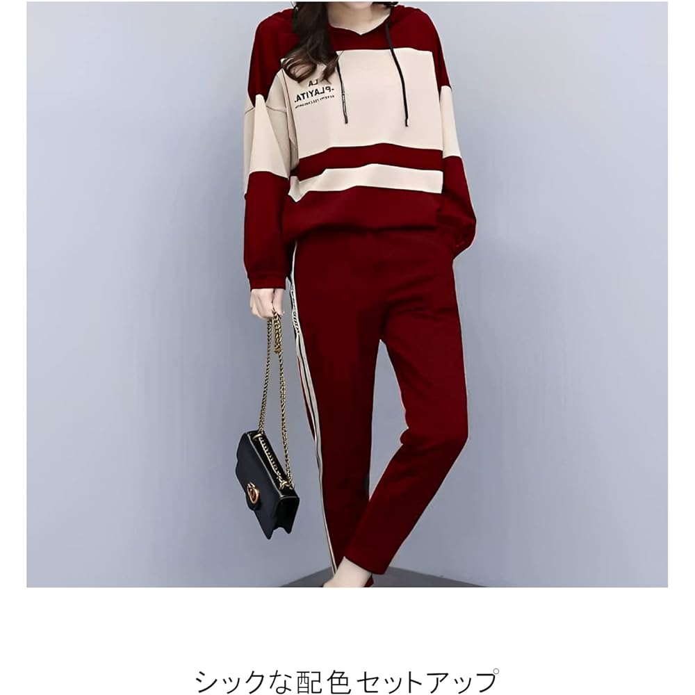 [Second Roots] 2 Piece Set Top and Bottom Setup Sweatshirt Sweatshirt Jersey Bicolor Hooded Parka Pants Room Wear Loungewear Easy Spring Summer Fall Winter Women's 083S M~4XL