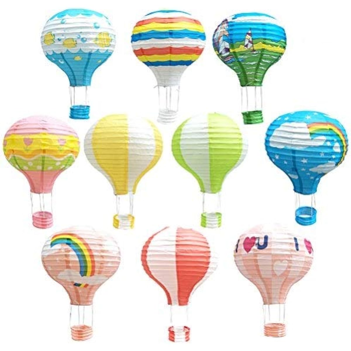 NUOLUX 12 Inch Rainbow Hanging Paper Lanterns Pom Poms Hot Air Balloons Wedding Birthday Party Decorations Pack of 10