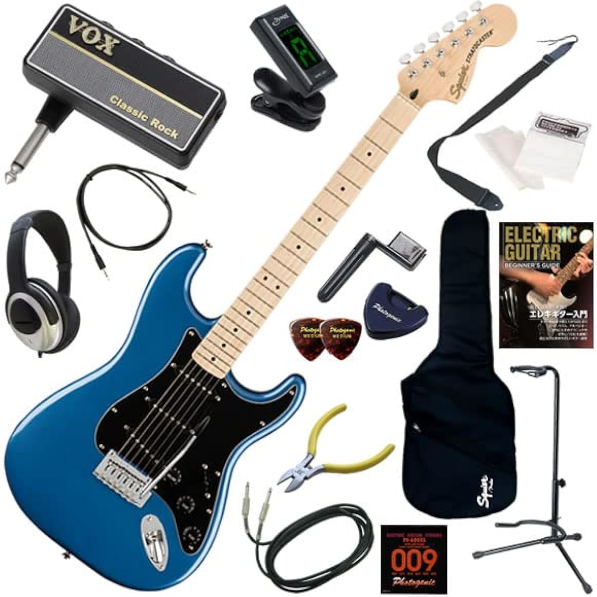Squier Electric Guitar Beginner's 16-piece set including headphones, guitar and amPlug2 amplifier Affinity Stratocaster/LPB (Lake Placid Blue)