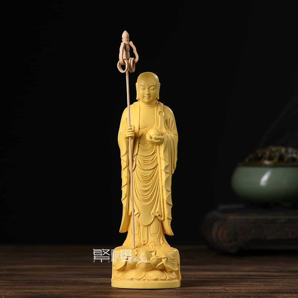 Hanro Art Sculpture Buddha Statue Jizo Bodhisattva Buddhist Altar Buddha Statue Carved Wooden Ornament Tsuge Tree Pray Warm Off Child Raising Water Child Care Protection (Height 22.5cm x Width 6cm x Depth 5cm)